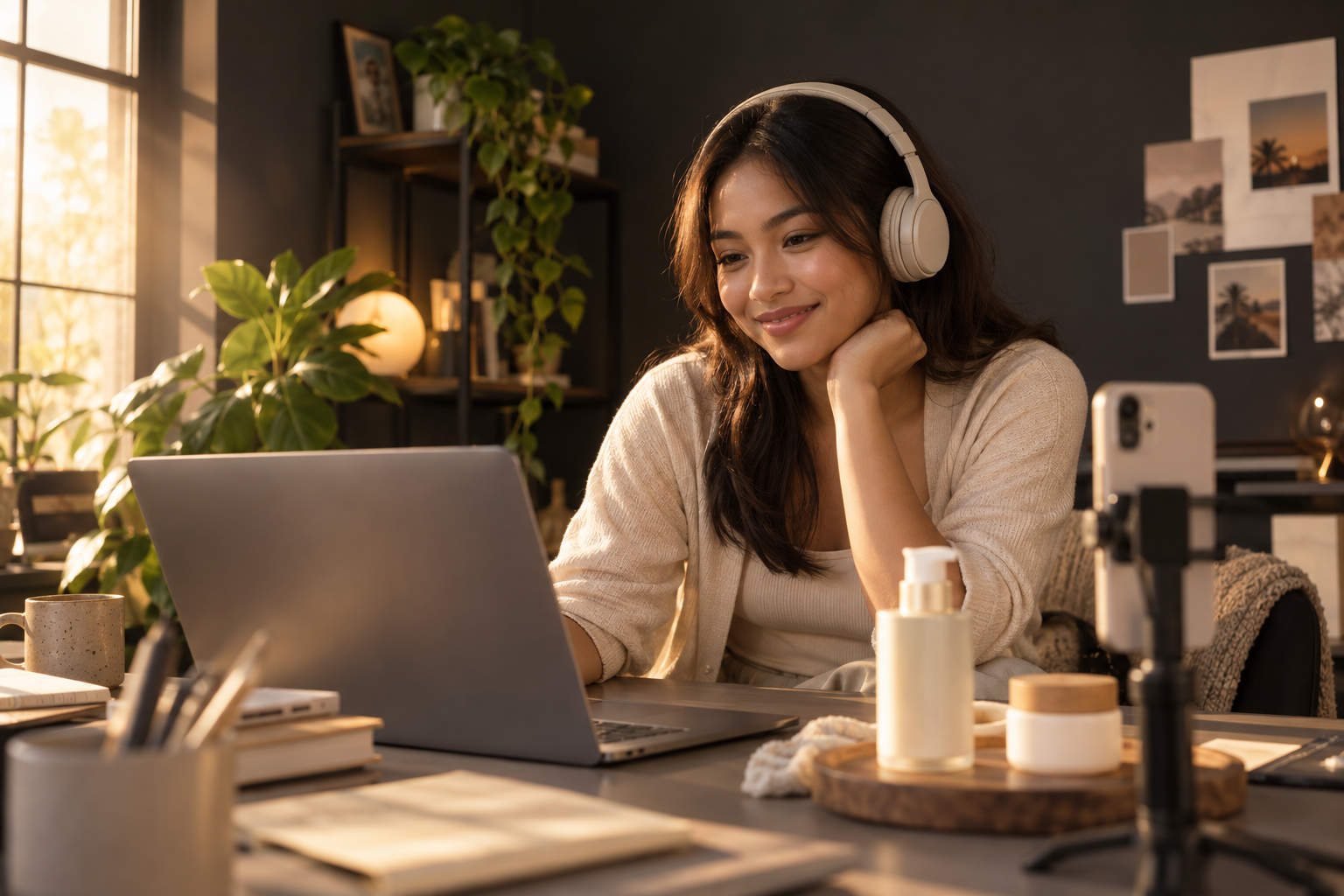 A Filipino creator listening to her voice-over while working on a product video at home